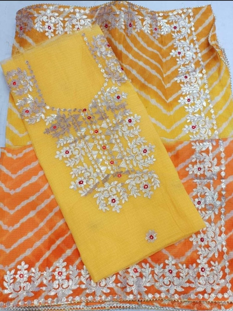 Kota Doria Cotton Unstitched Salwar Suit | Yellow | - Leheriya