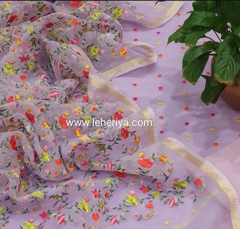 Kota Doria Embroidered Salwar Suit with Colorful Embroidery Dupatta - Leheriya