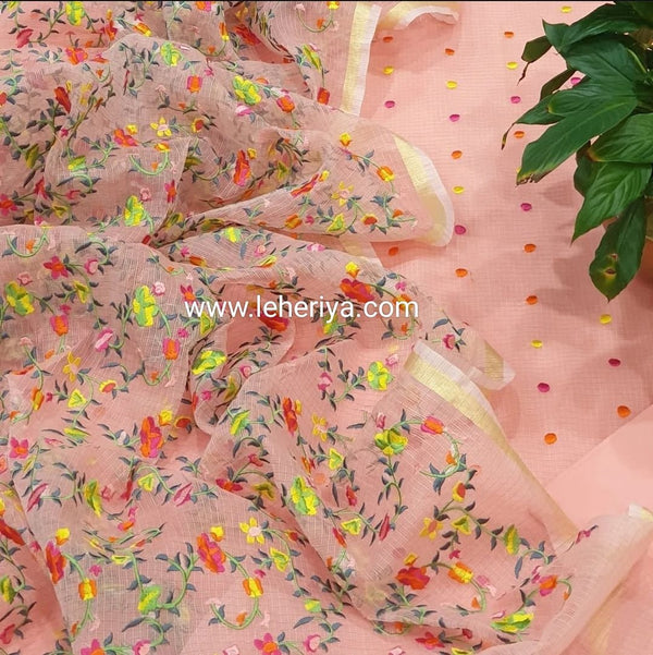 Kota Doria Embroidered Salwar Suit with Colorful Embroidery Dupatta - Leheriya