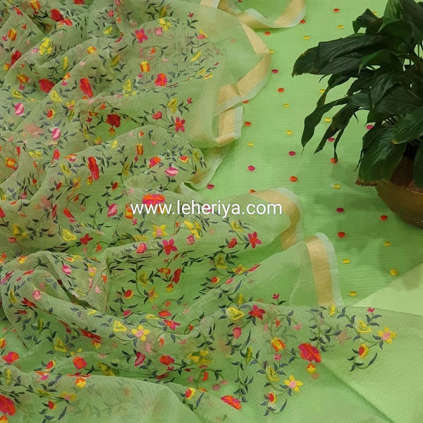 Kota Doria Embroidered Salwar Suit with Colorful Embroidery Dupatta - Leheriya