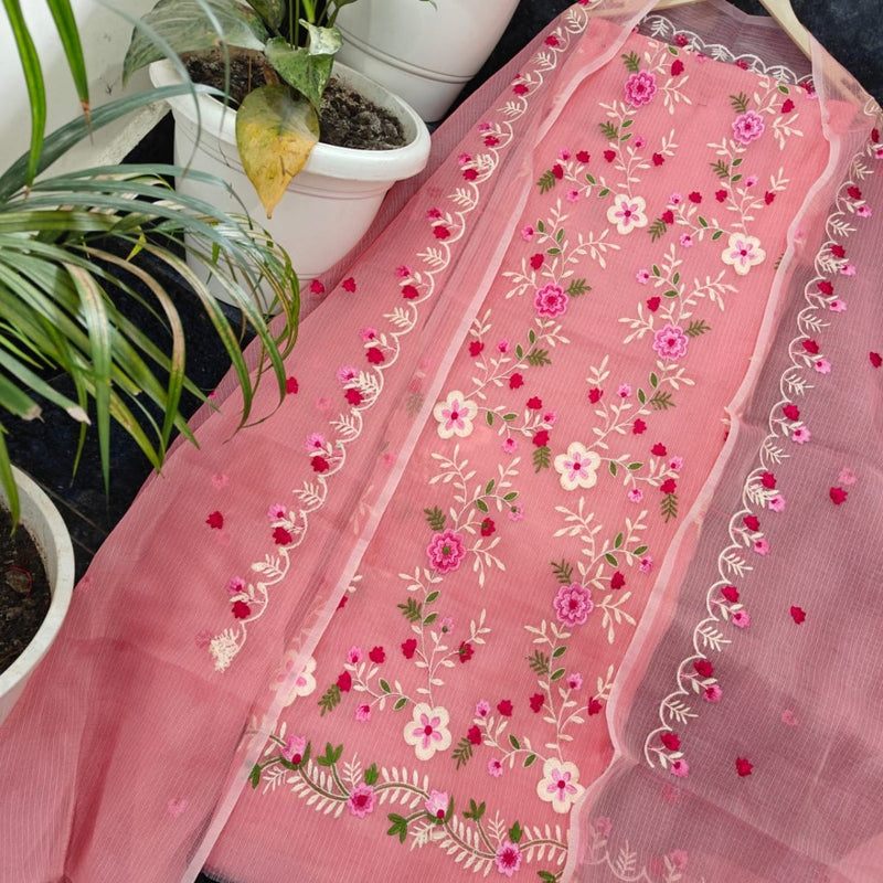 Kota Doria Embroidered Salwar Suit with Colorful Embroidery Dupatta - Leheriya