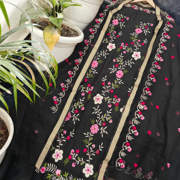 Kota Doria Embroidered Salwar Suit with Colorful Embroidery Dupatta - Leheriya