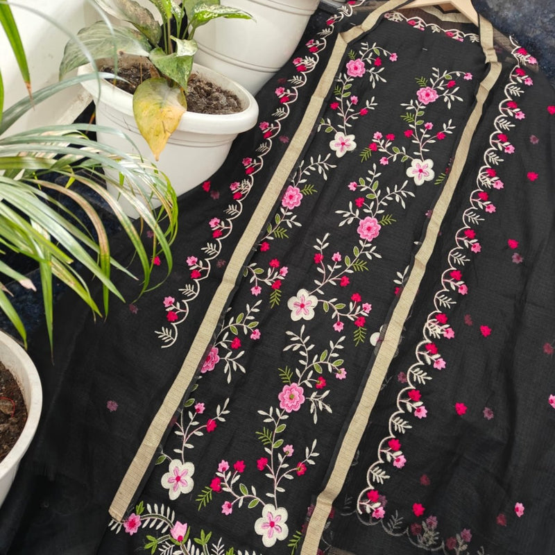 Kota Doria Embroidered Salwar Suit with Colorful Embroidery Dupatta - Leheriya