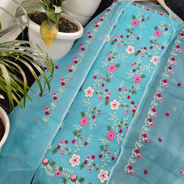 Kota Doria Embroidered Salwar Suit with Colorful Embroidery Dupatta - Leheriya