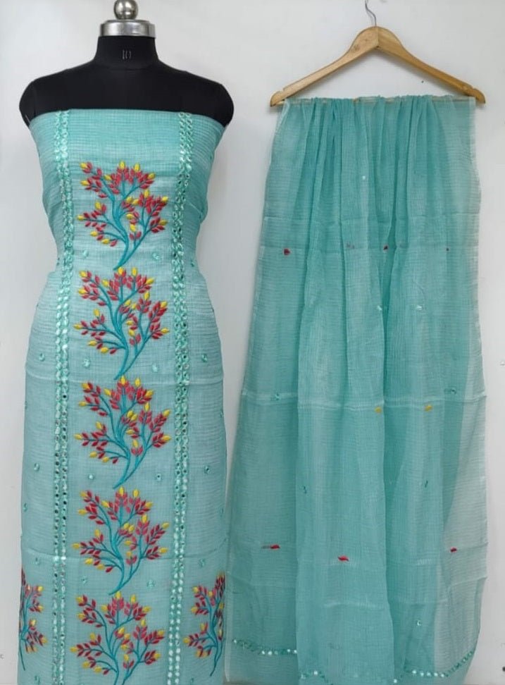 Kota Doria Embroidery Suit with Mirror Work - Leheriya