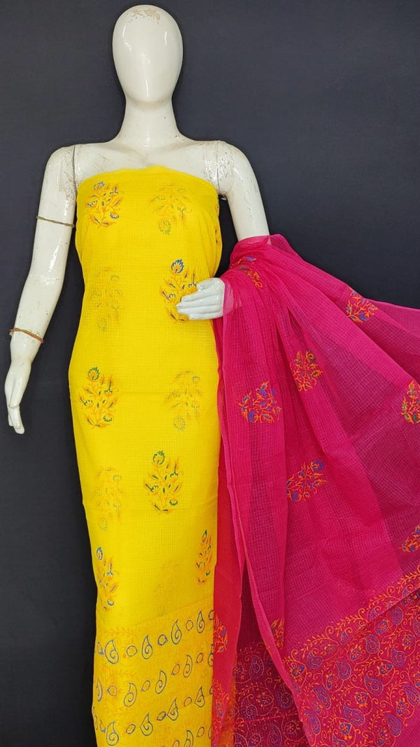 Kota Doria Hand Block Printed Suit with Contrast Dupatta - Leheriya