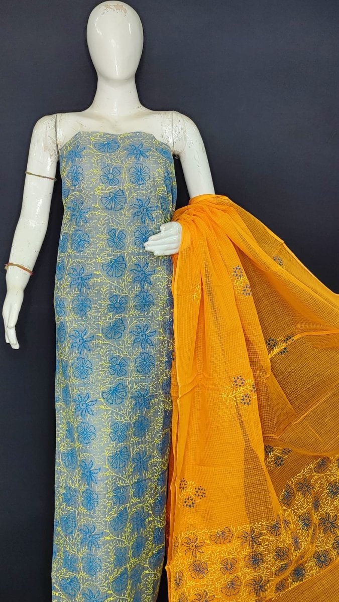 Kota Doria Hand Block Printed Suit with Contrast Dupatta - Leheriya