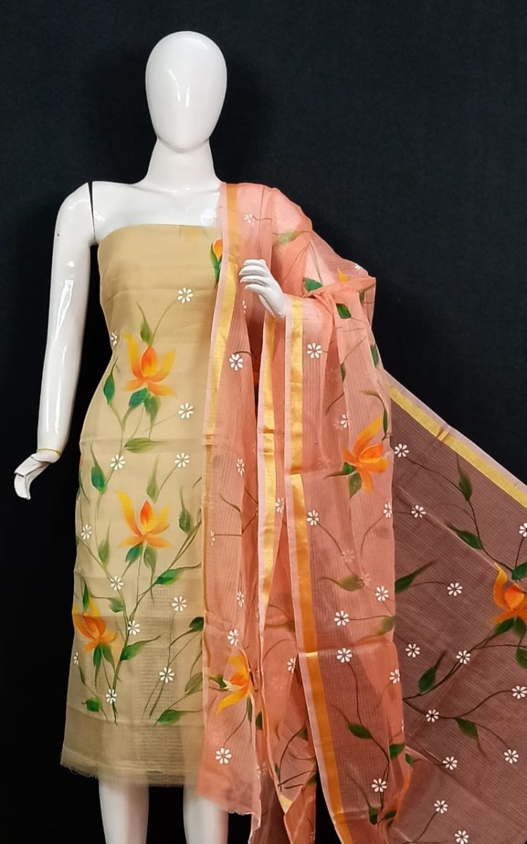 Kota Doria Hand Brush Painted Salwar Suit - Leheriya