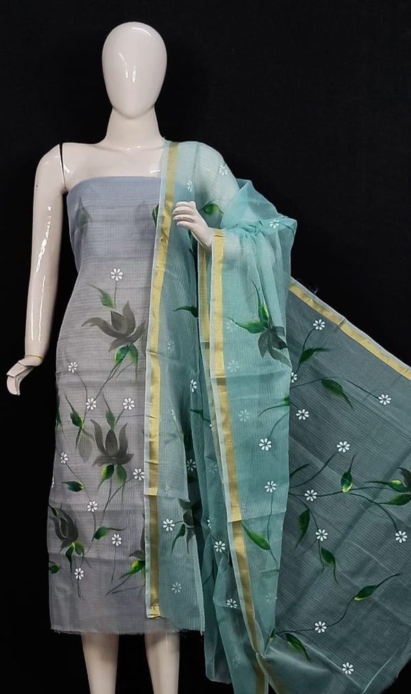 Kota Doria Hand Brush Painted Salwar Suit - Leheriya