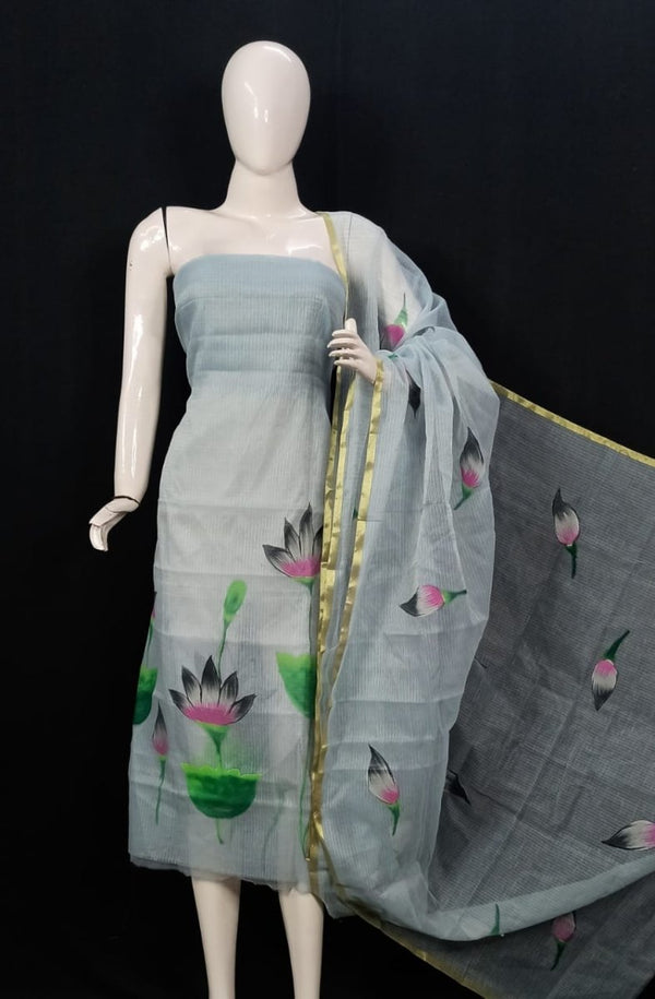 Kota Doria Hand Brush Painted Salwar Suit - Leheriya