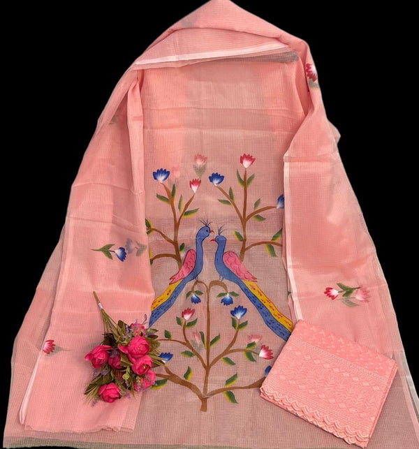 Kota Doria Hand Brush Painted Salwar Suit - Chidiya - Leheriya