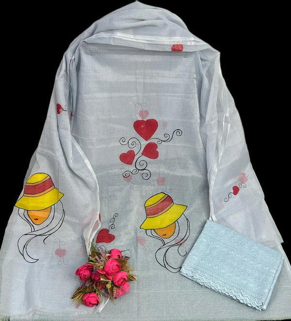 Kota Doria Hand Brush Painted Salwar Suit - Chidiya - Leheriya