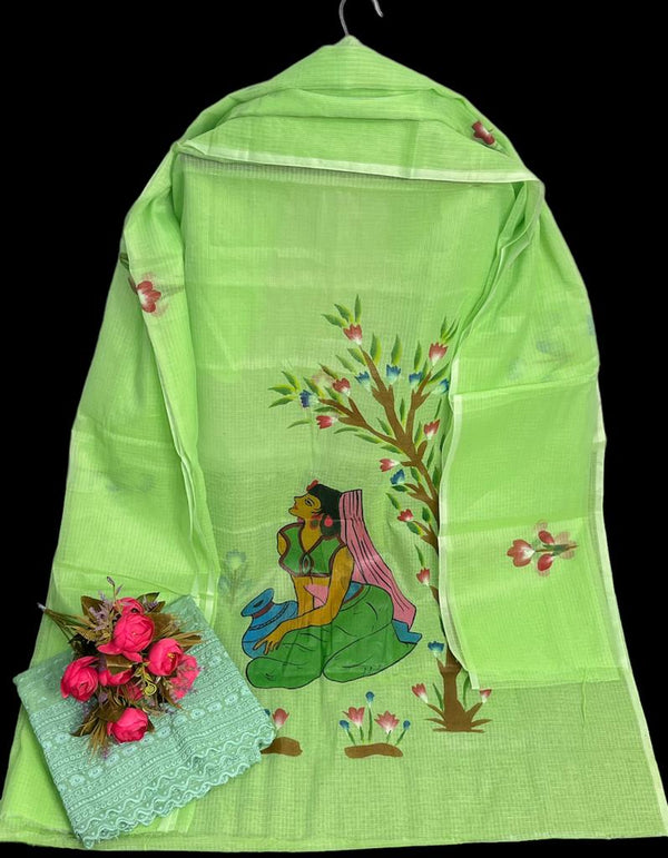 Kota Doria Hand Brush Painted Salwar Suit - Chidiya - Leheriya