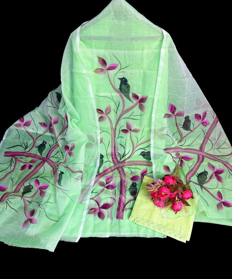 Kota Doria Hand Brush Painted Salwar Suit - Chidiya - Leheriya