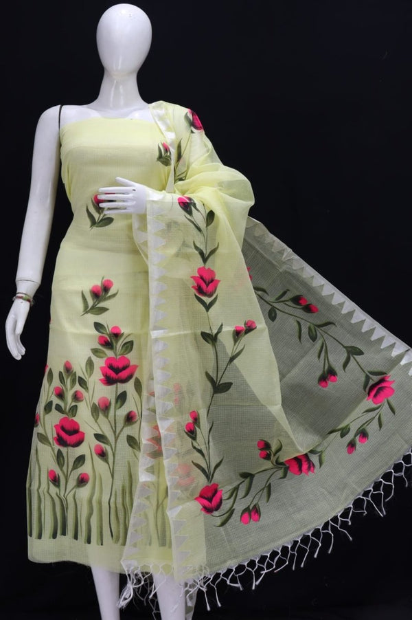 Kota Doria Hand Brush Painted Salwar Suit with Temple Border Dupatta - Leheriya