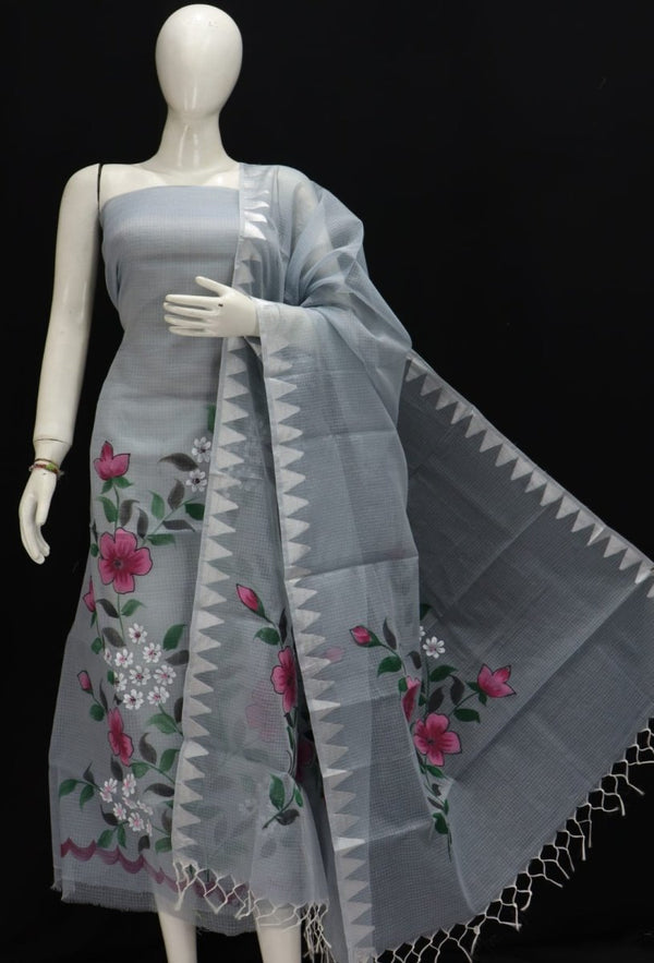 Kota Doria Hand Brush Painted Salwar Suit with Temple Border Dupatta - Leheriya