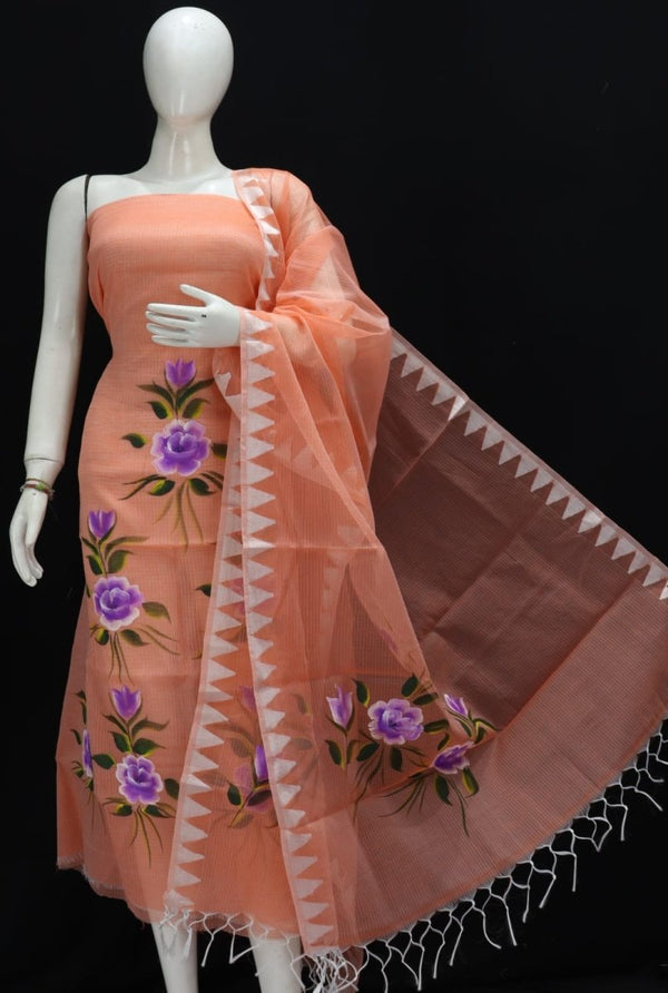 Kota Doria Hand Brush Painted Salwar Suit with Temple Border Dupatta - Leheriya