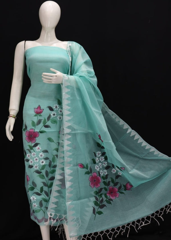 Kota Doria Hand Brush Painted Salwar Suit with Temple Border Dupatta - Leheriya