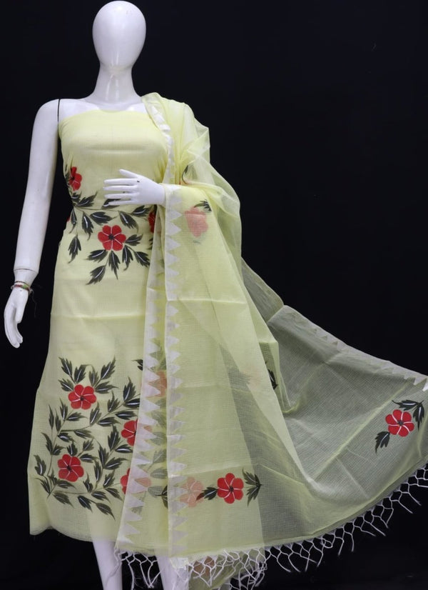 Kota Doria Hand Brush Painted Salwar Suit with Temple Border Dupatta - Leheriya