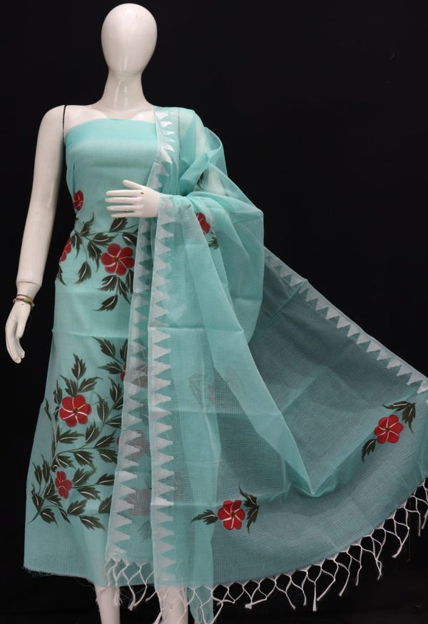 Kota Doria Hand Brush Painted Salwar Suit with Temple Border Dupatta - Leheriya