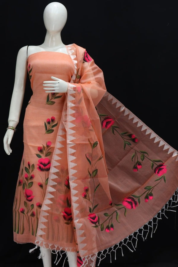 Kota Doria Hand Brush Painted Salwar Suit with Temple Border Dupatta - Leheriya