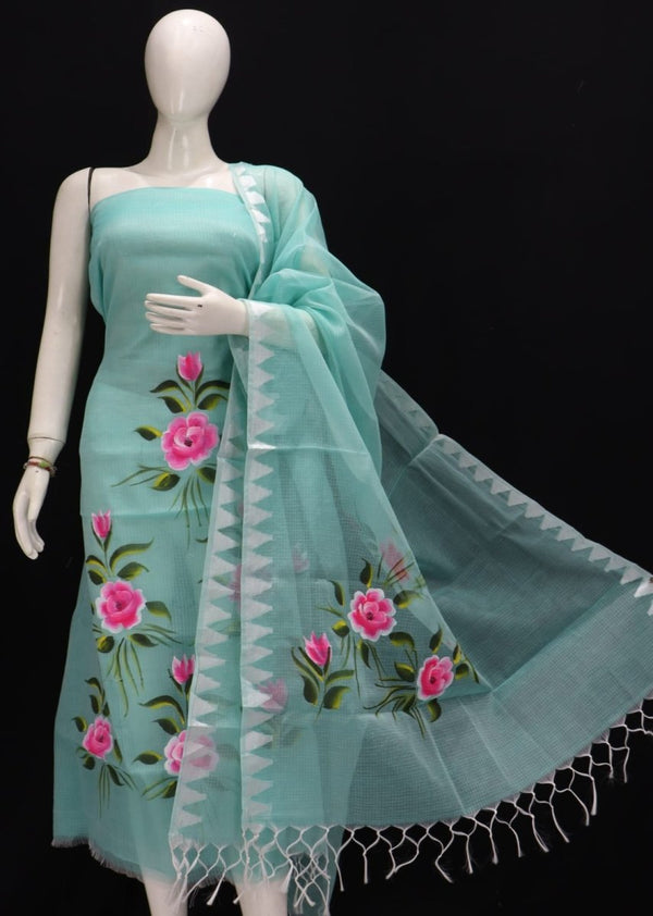 Kota Doria Hand Brush Painted Salwar Suit with Temple Border Dupatta - Leheriya