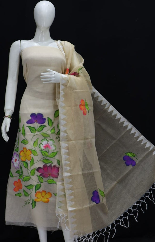 Kota Doria Hand Brush Painted Salwar Suit with Temple Border Dupatta - Leheriya