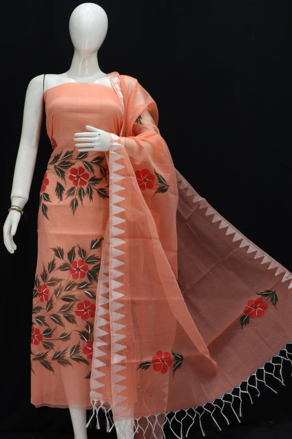 Kota Doria Hand Brush Painted Salwar Suit with Temple Border Dupatta - Leheriya