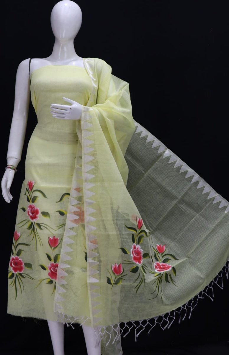 Kota Doria Hand Brush Painted Salwar Suit with Temple Border Dupatta - Leheriya