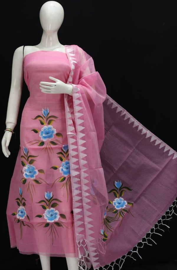 Kota Doria Hand Brush Painted Salwar Suit with Temple Border Dupatta - Leheriya