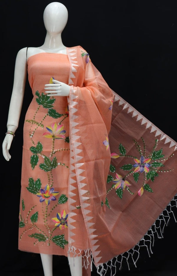 Kota Doria Hand Brush Painted Salwar Suit with Temple Border Dupatta - Leheriya