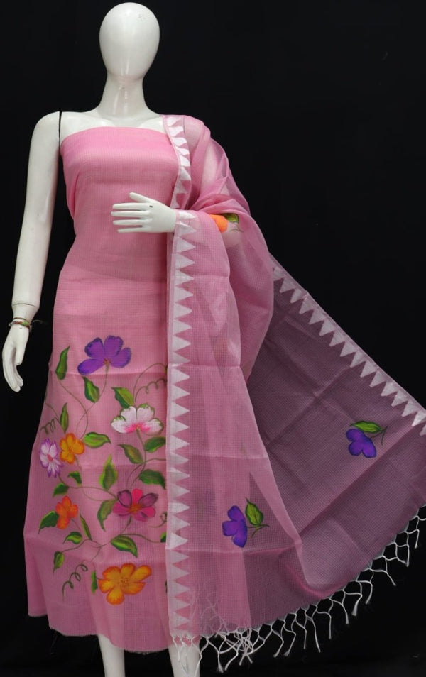 Kota Doria Hand Brush Painted Salwar Suit with Temple Border Dupatta - Leheriya