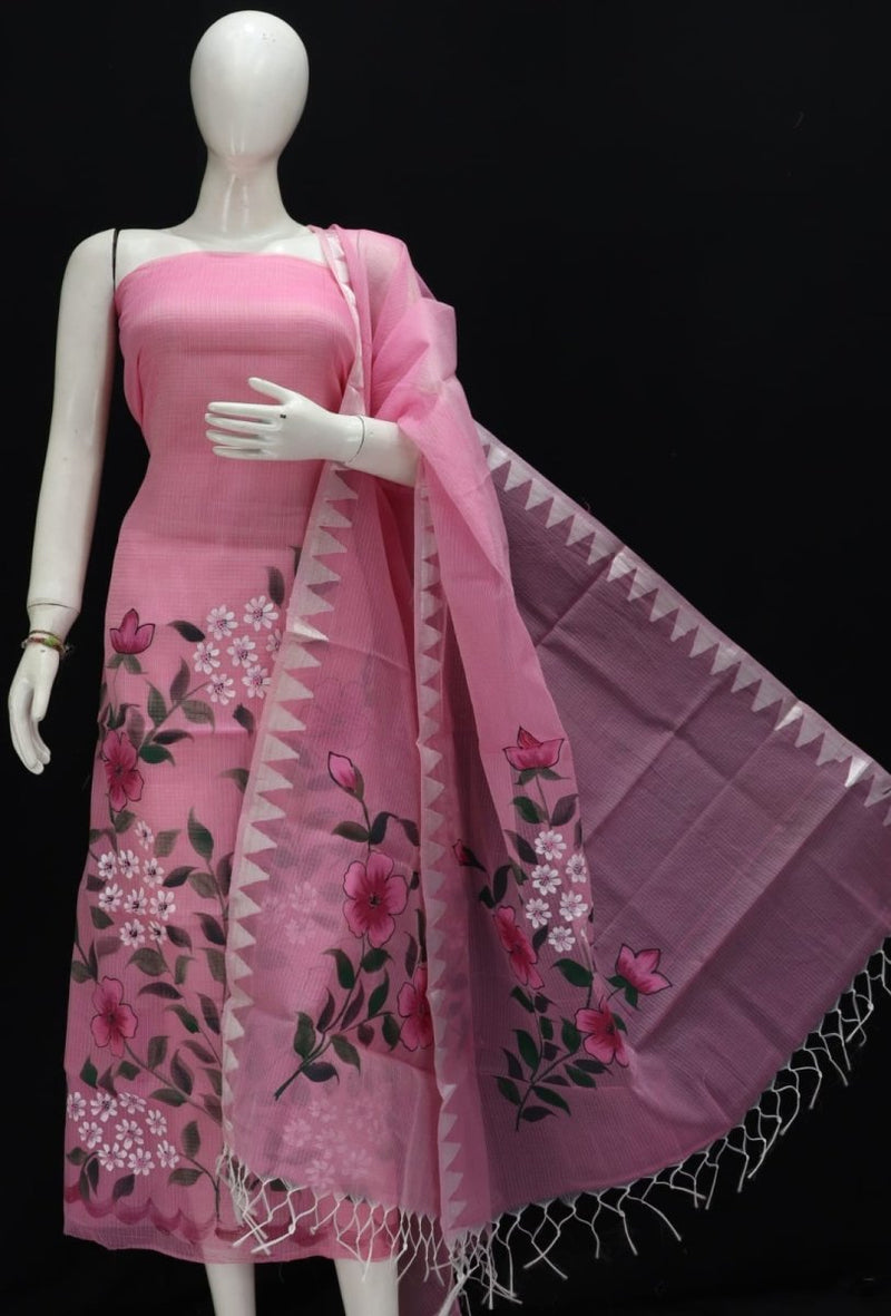 Kota Doria Hand Brush Painted Salwar Suit with Temple Border Dupatta - Leheriya