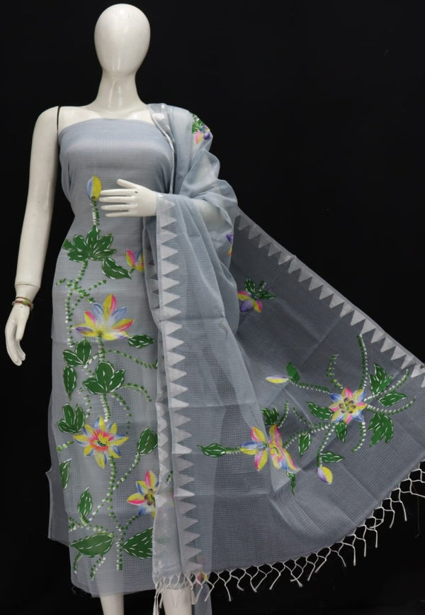 Kota Doria Hand Brush Painted Salwar Suit with Temple Border Dupatta - Leheriya