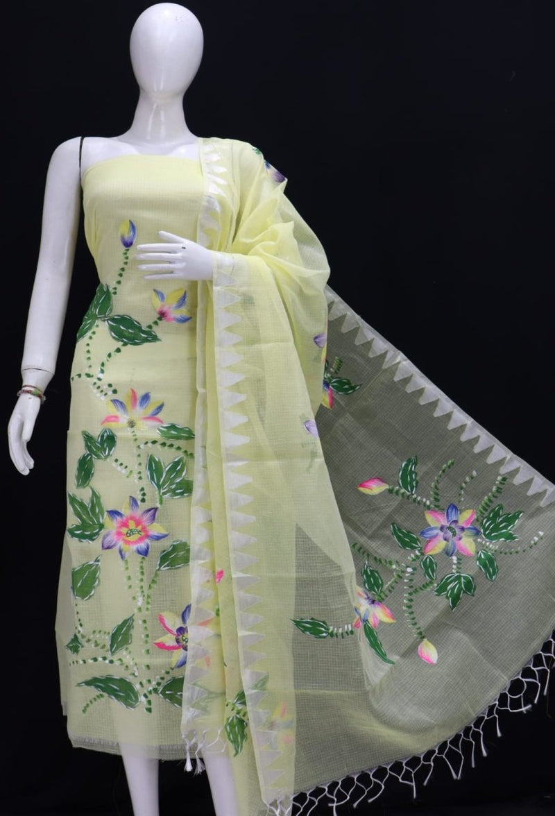 Kota Doria Hand Brush Painted Salwar Suit with Temple Border Dupatta - Leheriya