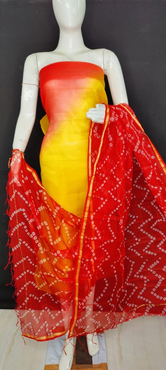 Kota Doria Pure Silk Hand Dye Salwar Suit with Bandhej Dupatta - Leheriya