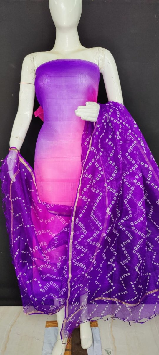 Kota Doria Pure Silk Hand Dye Salwar Suit with Bandhej Dupatta - Leheriya