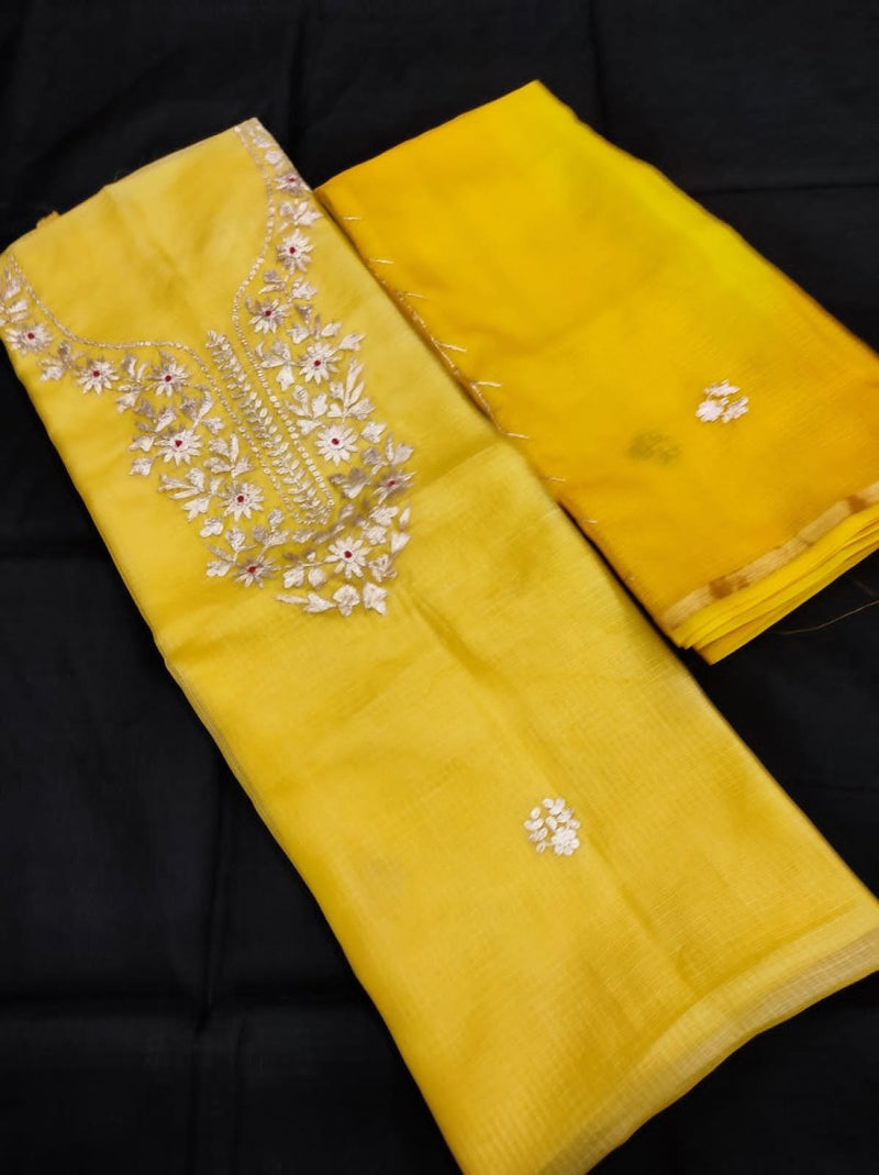 Kota Doria Pure Silk Salwar Suit with Hand Pittan Work - Leheriya