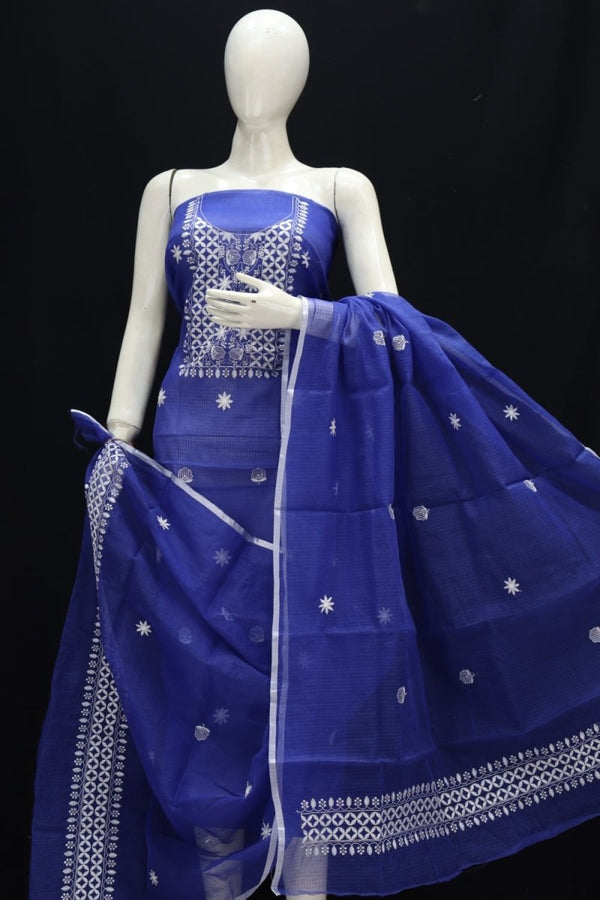 Kota Doria Salwar Kameez with Chikankari Motifs | Lapis Blue | - Leheriya