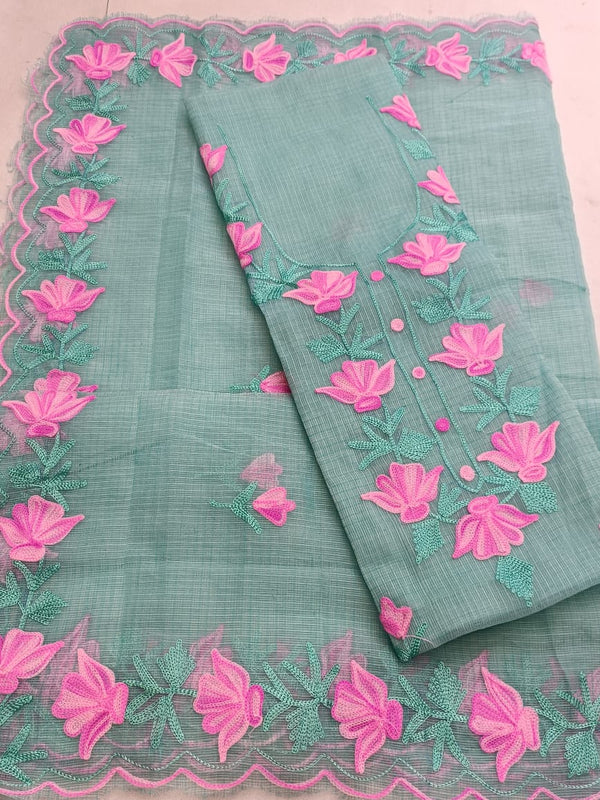 Kota Doria Salwar Suit with Aari Work - Leheriya