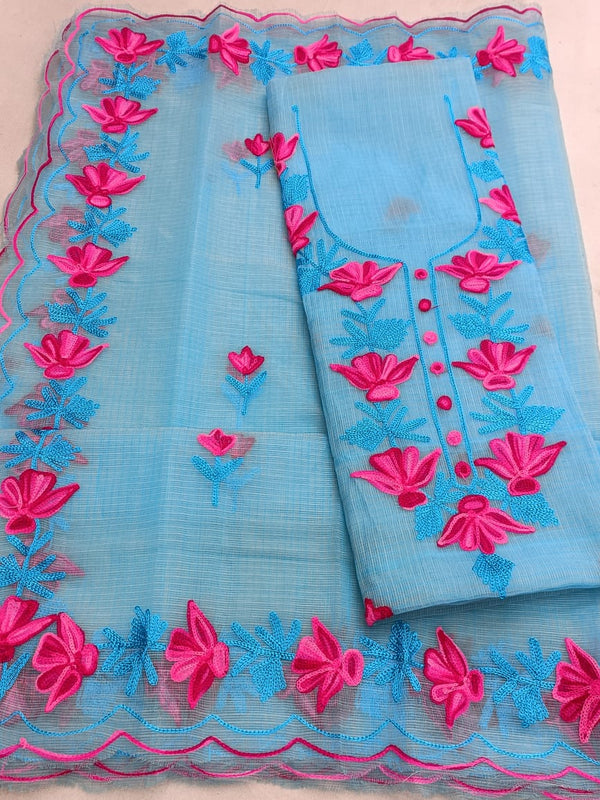 Kota Doria Salwar Suit with Aari Work - Leheriya