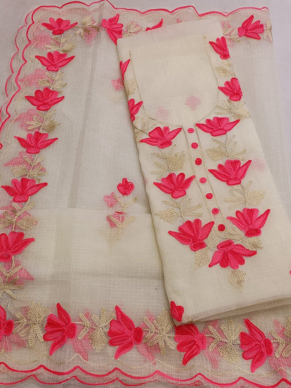 Kota Doria Salwar Suit with Aari Work - Leheriya