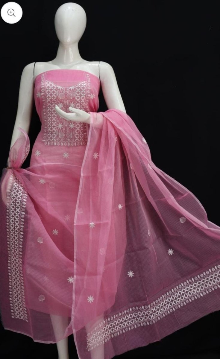 Kota Doria Salwar Suit with Embroidery - Leheriya