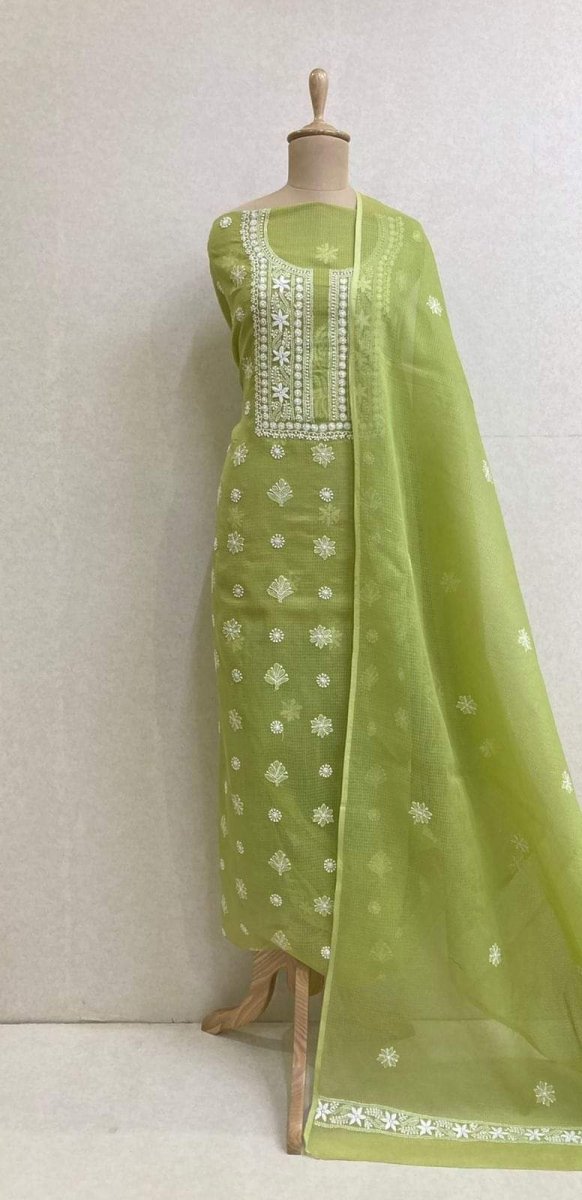 Kota Doria Salwar Suit with Embroidery Work - Leheriya