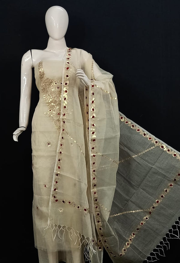 Kota Doria Salwar Suit with Gota Patti Work - Leheriya