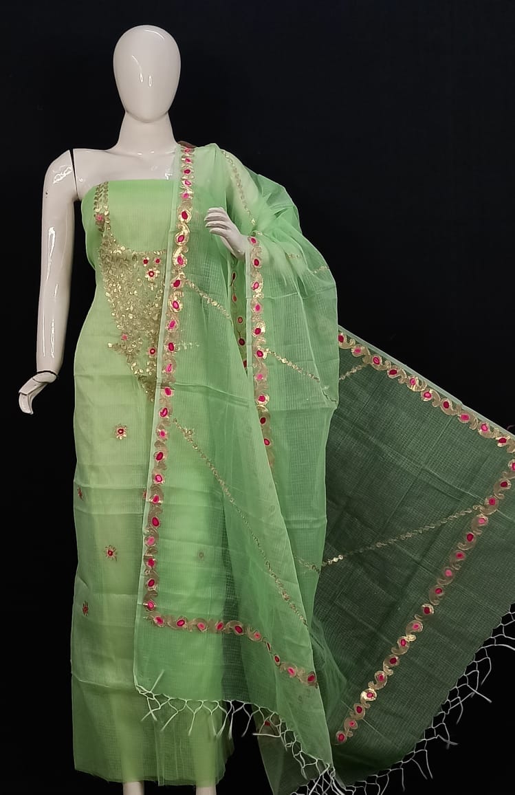 Kota Doria Salwar Suit with Gota Patti Work - Leheriya