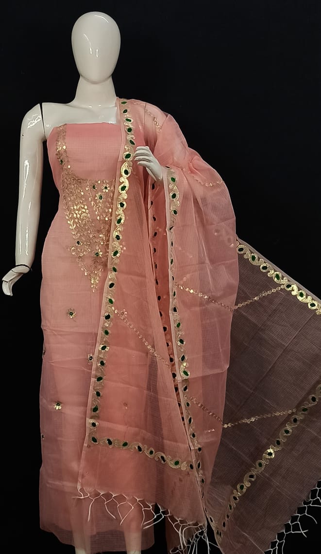 Kota Doria Salwar Suit with Gota Patti Work - Leheriya