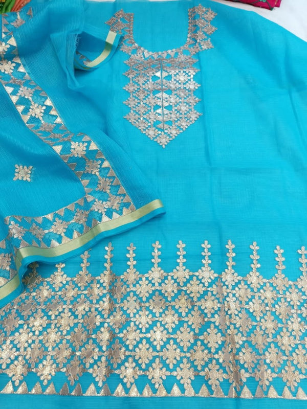 Kota Doria Salwar Suit with Gota Patti Work - Leheriya