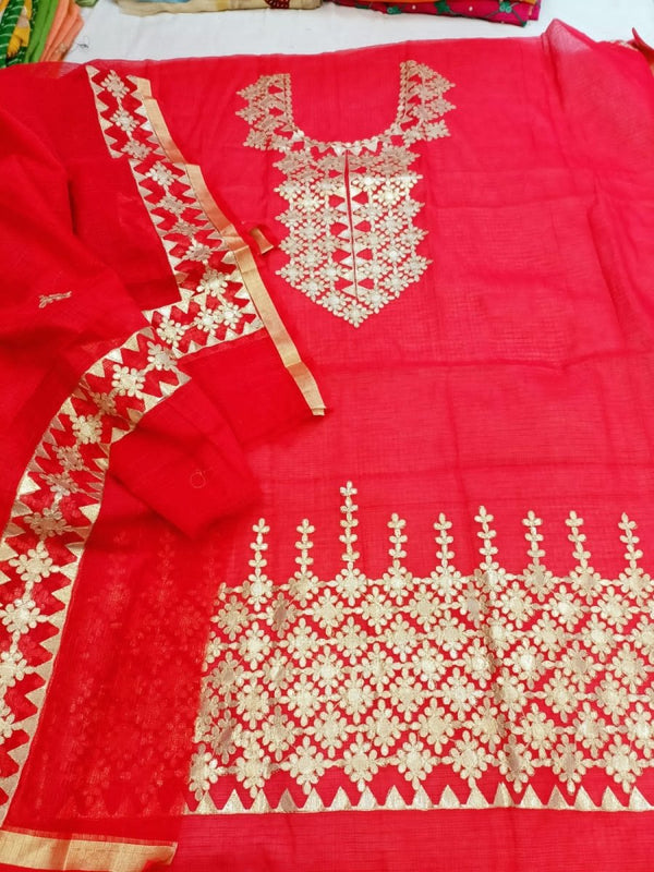 Kota Doria Salwar Suit with Gota Patti Work - Leheriya