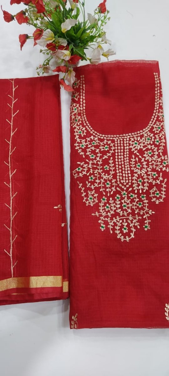 Kota Doria Salwar Suit with Hand Pitta Work - Leheriya